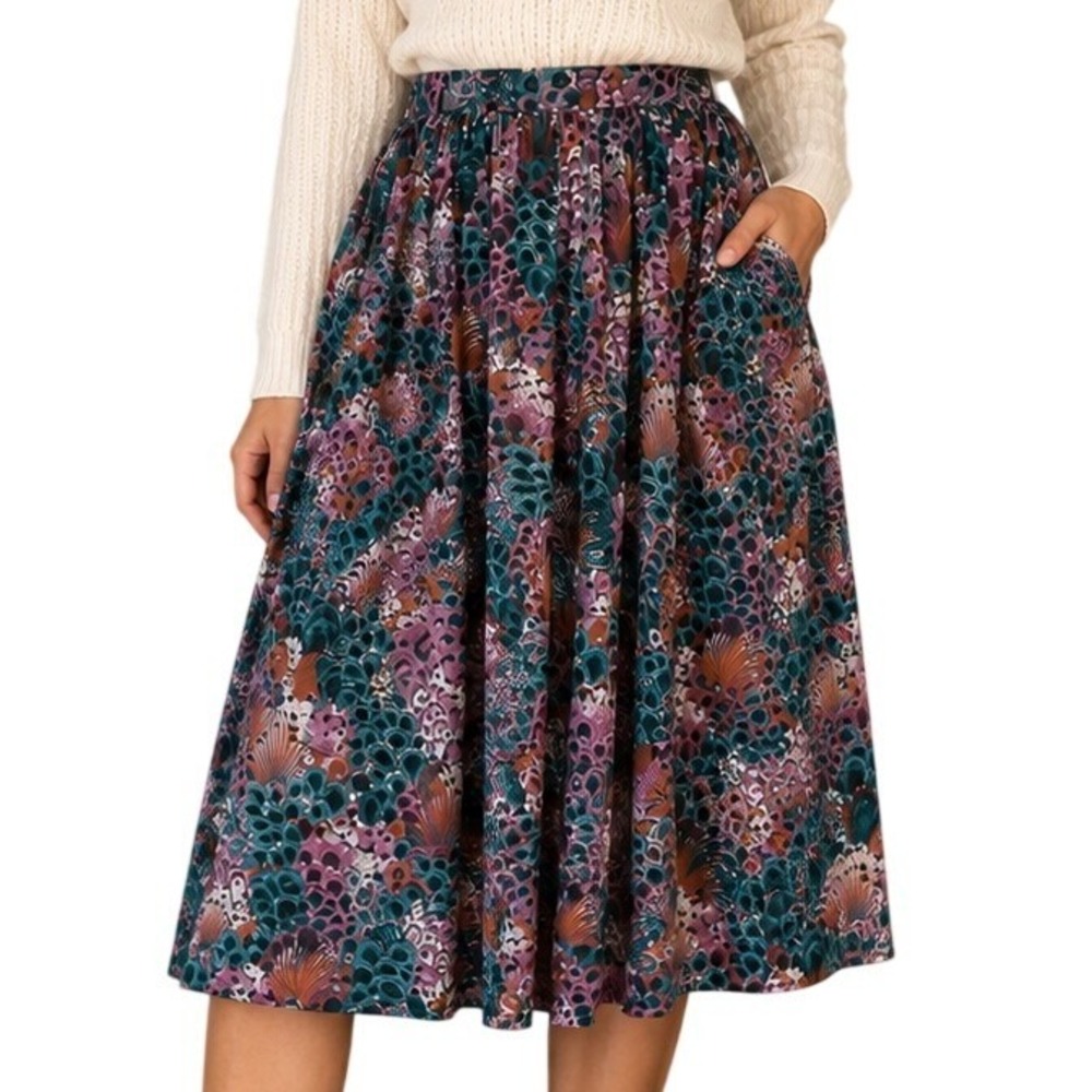 Campus‎ Casuals VTG 80s Midi Skirt M Pleated A-Line Peacock Feather Print Boho